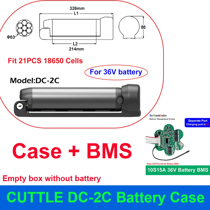 CUTTLE DC-2C EBike Battery Case DC-2170-2C Empty Box 10S 15A 36V BMS Fit 21PCS 18650 21700 Cells Haitu Little Water Kettle Shell