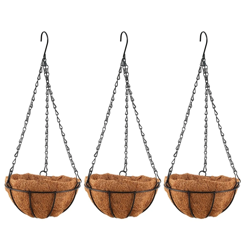 

3X Black Growers Hanging Basket Planter With Chain Flower Plant Pot Home Garden Balcony Decoration-8Inch