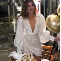 oimg sparkly short wedding dresses puff long sleeves deep v neck mini sexy bride gowns women party glitter robe de cocktail