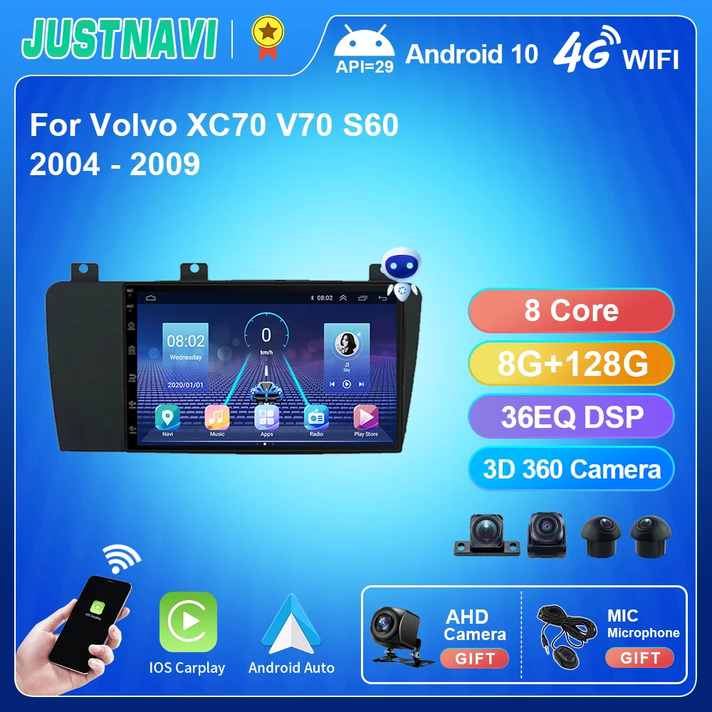 JUSTNAVI  For Volvo XC70 V70 S60 2004 - 2009 Car Radio Muitimedia Stereo Video Player Navigation Android 10.0 Carplay Auto 2 din