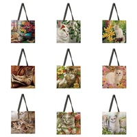 reusable shopping bag cat and life printed handbag womens shoulder bag linen bag outdoor beach bag daily handbag
