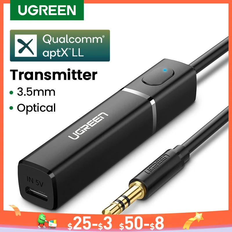 

UGREEN Bluetooth Transmitter 5.0 Wireless Audio Music APTX LL Low Latency 3.5mm Aux Jack Digital Optical For Headphone Adapter