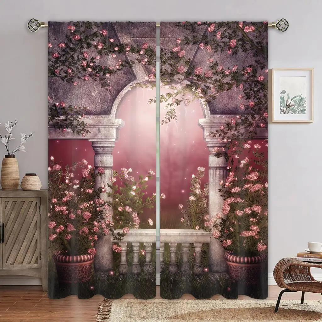 

Cortinas de ventana de estilo gótico rosa, impresión Digital 3D para dormitorio, sala de estar, 2 paneles
