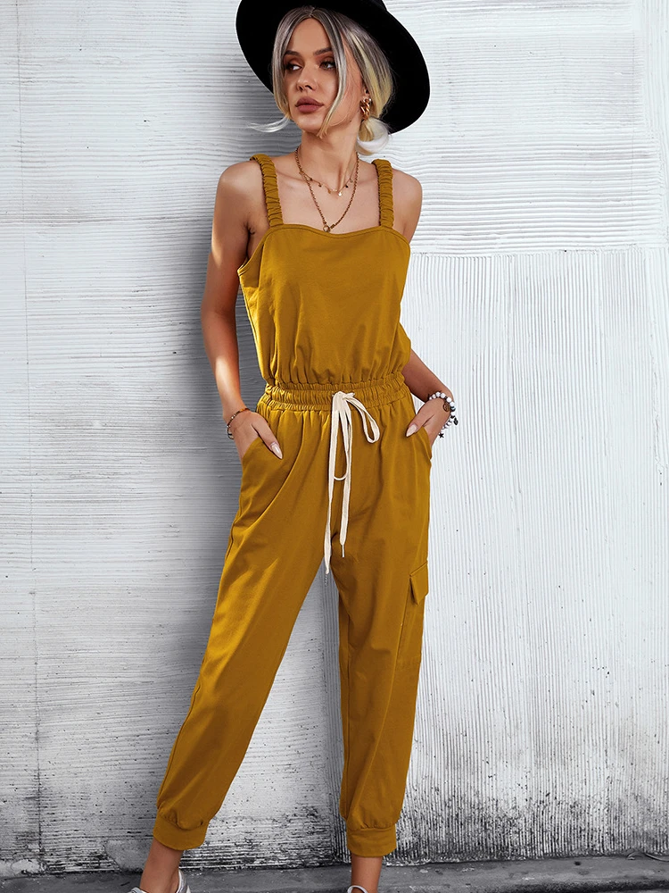 

2022 Spring Summer Women's Solid Color Elegance Slip Jumpsuit Female One Piece Wide Leg Backless Jump Suit Lady Outfit