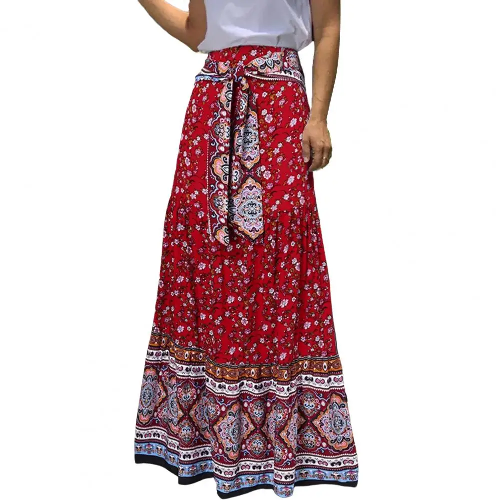 

Women Long Skirt High Waist Bow Tie Pleated Skirt Bohemia Floral Print Ruffled Hem Skirt Streetwear