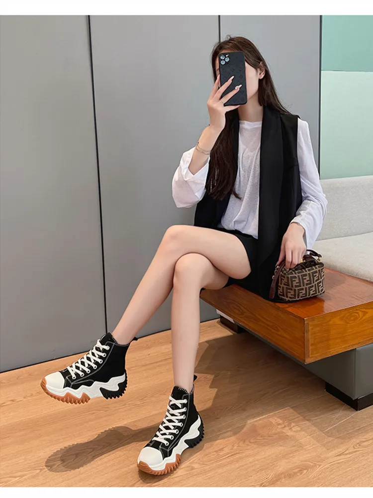High-top Canvas Shoes Women 2022 Autumn New Height Increase Platform Shoes Sawtooth White Shoes Ladies Fashion Popular Sneakers
