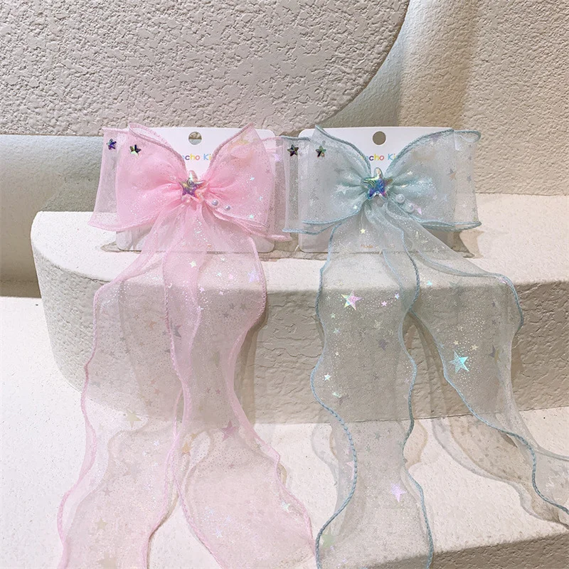 

New Sweet Girl Princess Star Duckbill Clip Hair Accessories Korea Fashion Children's Mesh Long Streamer Bow Hairpins Headdress