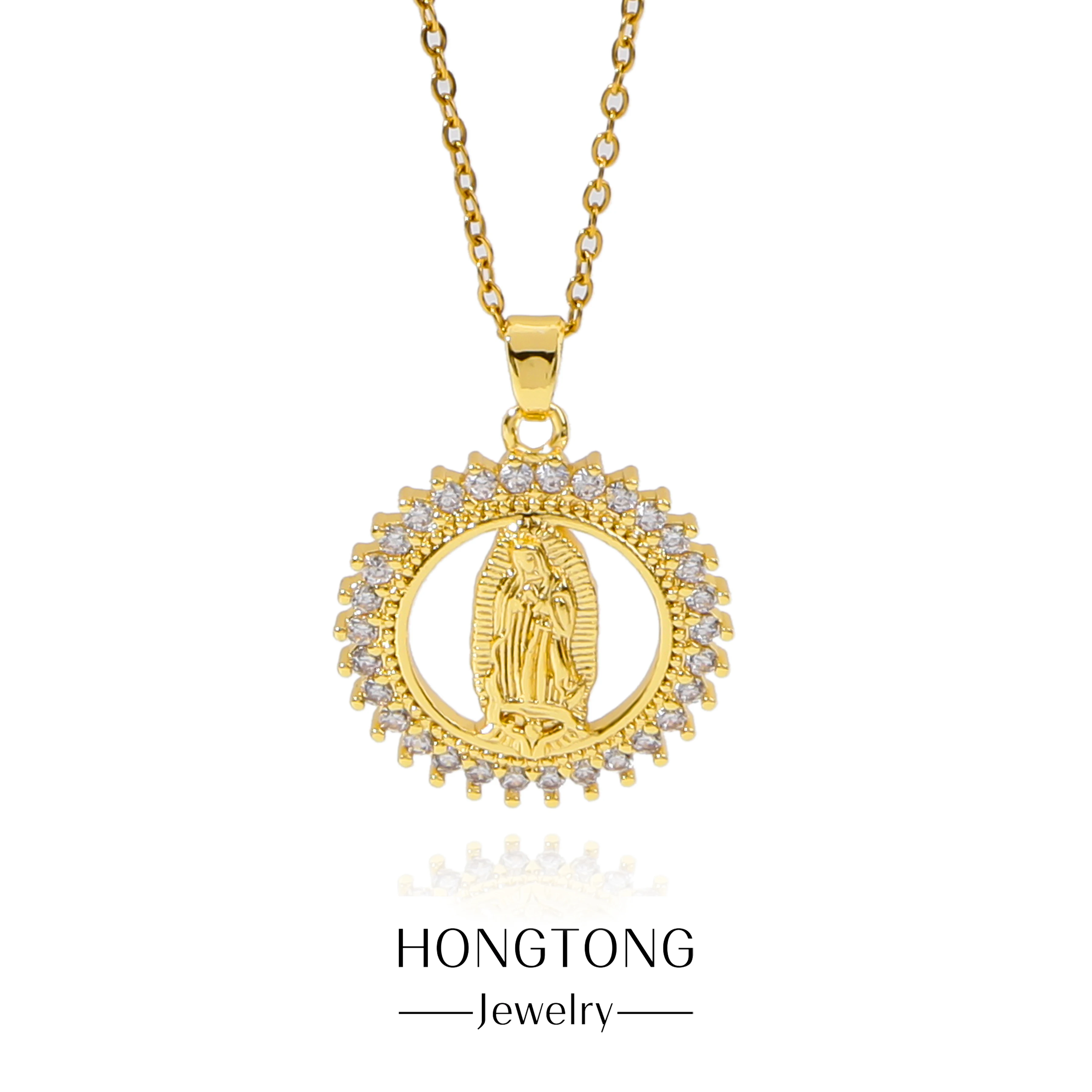 

HONGTONG Classic Hollowed Out Round Virgin Mary Pendant Monochrome Diamond Edged Stainless Steel Necklace For Women