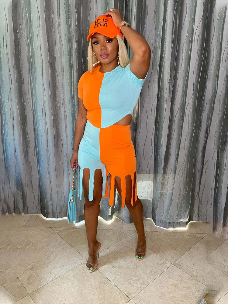 

Комплект из двух предметов Balogun Женский, комплект из двух предметов, шорты с бахромой и круглым вырезом, оранжевый топ в стиле пэчворк, лето ...