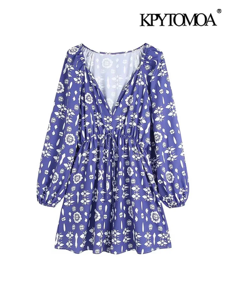 

KPYTOMOA Women Fashion With Tie Printed Playsuits Vintage Long Puff Sleeves Elastic Waist Female Jumpsuits Mujer