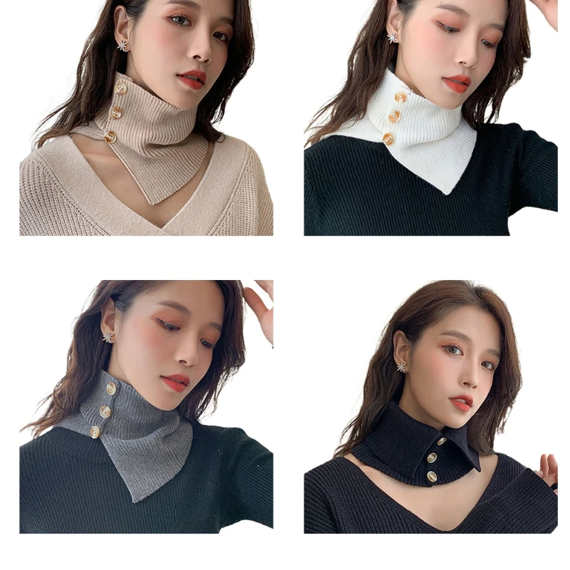 

Women Ribbed Knit Warm Snood Scarf Buttons False Collar Cover Bib Neck Warmer