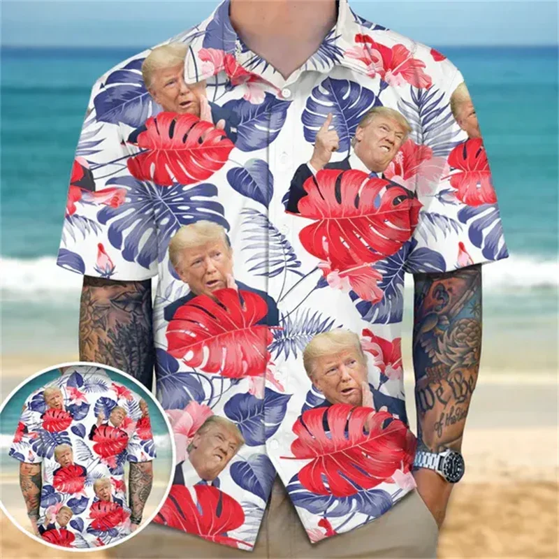 Newest Donald Trump Fighting Graphic Hawaiian Shirt Men USA Patriotic 3D Printed Aloha Shirts Fashion Blouses Street Lapel Tops