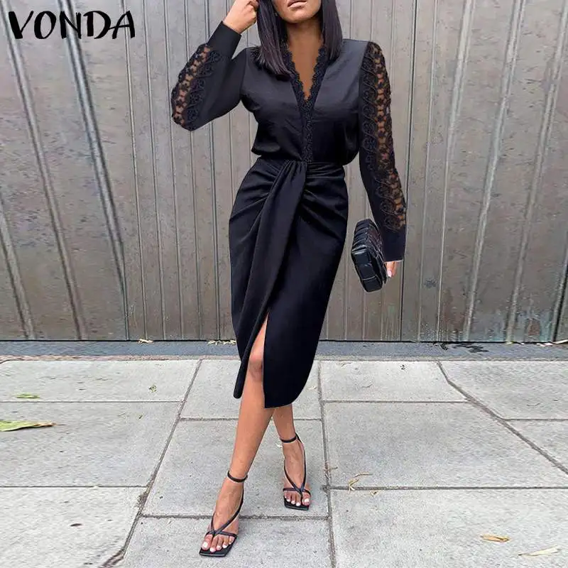 

VONDA женское кружевное лоскутное платье с V-образным вырезом, модное женское платье с длинным рукавом Вечерние вечернее платье, большие разме...
