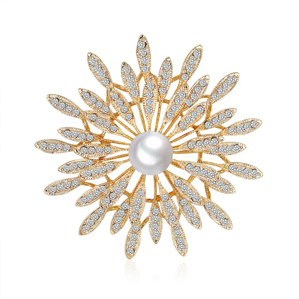 

Crystal Flower Brooch Pins Women Imitation Pearl Flower Broches Plant Elegant Badge Jewelry Wedding Party Brooch Gifts