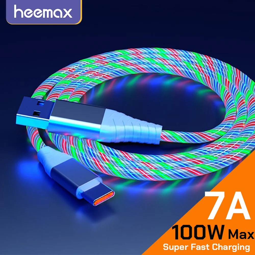 

7A 100W Flow Luminous USB Type C Cable For Huawei Honor 50 Pro3A Fast Charging USB C Charge Wire Micro for Xiaomi Samsung iPhone