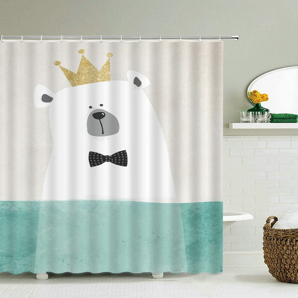

150x180cm Cartoon Crown Bear Shower Curtain Kids Bathroom Home Decor with Hooks