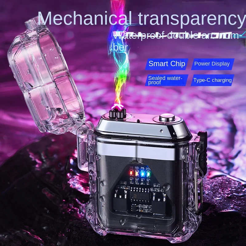 

Transparent shell waterproof electronic pulse outdoor windproof lighters waterproof double arc cigarette lighters wholesale