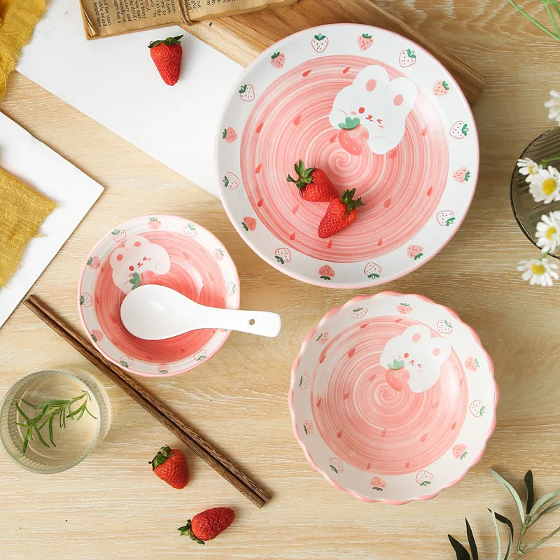 

Керамическая миска Starwberry, набор тарелок, домашняя миска для рамен, милая посуда ручной росписи, Детские миски для риса, кухонные аксессуары