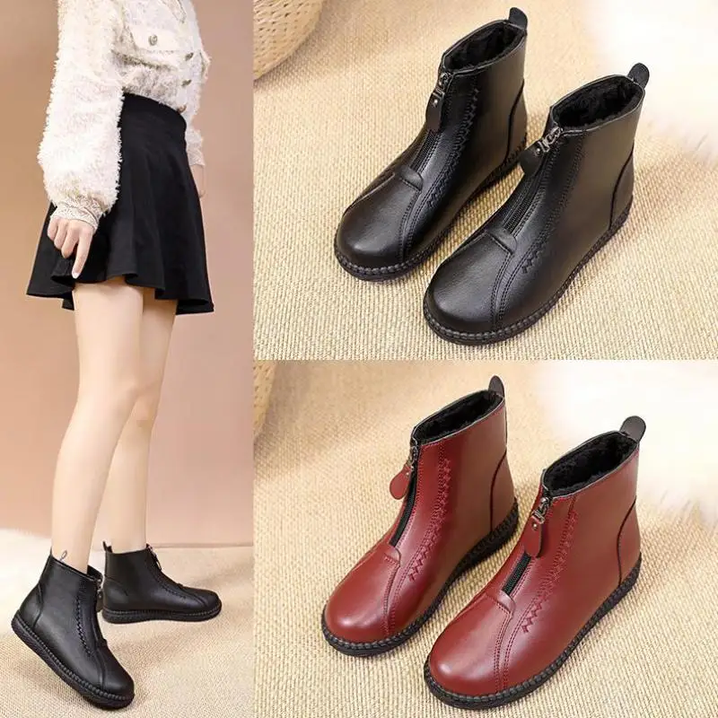 

Douyin Same Paragraph Real Soft Leather Mother Shoes Non-slip Mid-tube Cashmere Snow Boots Front Zipper Warm Shoes Martin Boots