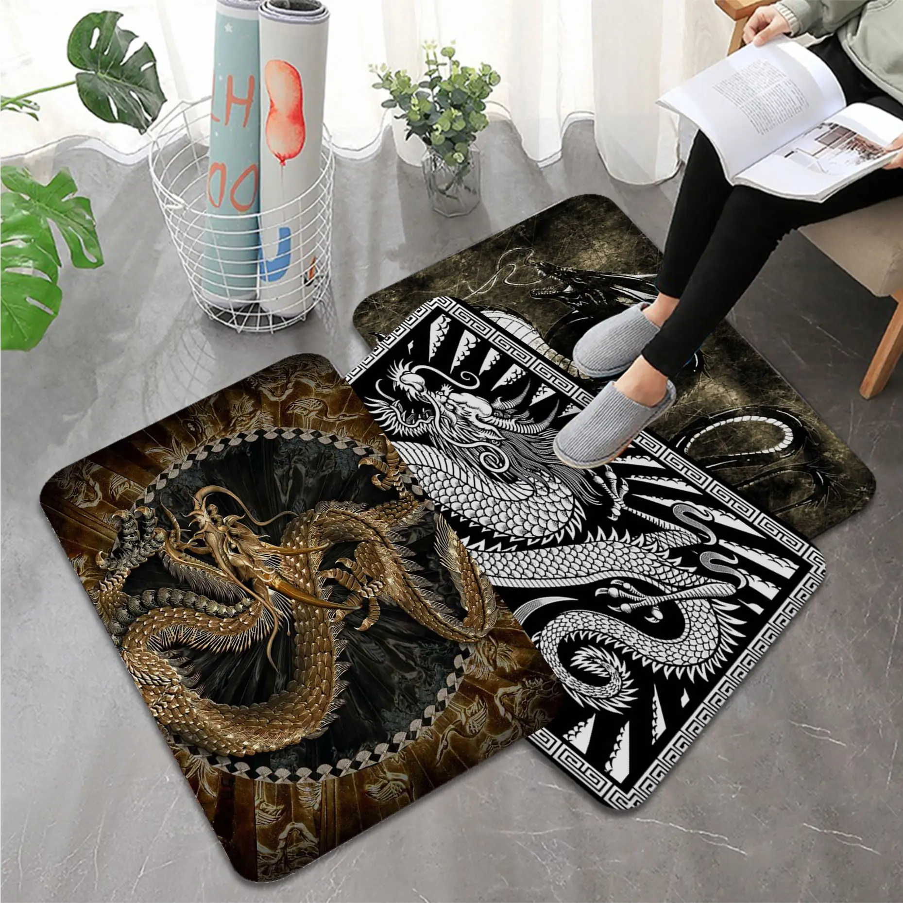 

Loong Dragon Totem Bath Mat Rectangle Anti-slip Home Soft Badmat Front Door Indoor Outdoor Mat Bedside Area Rugs