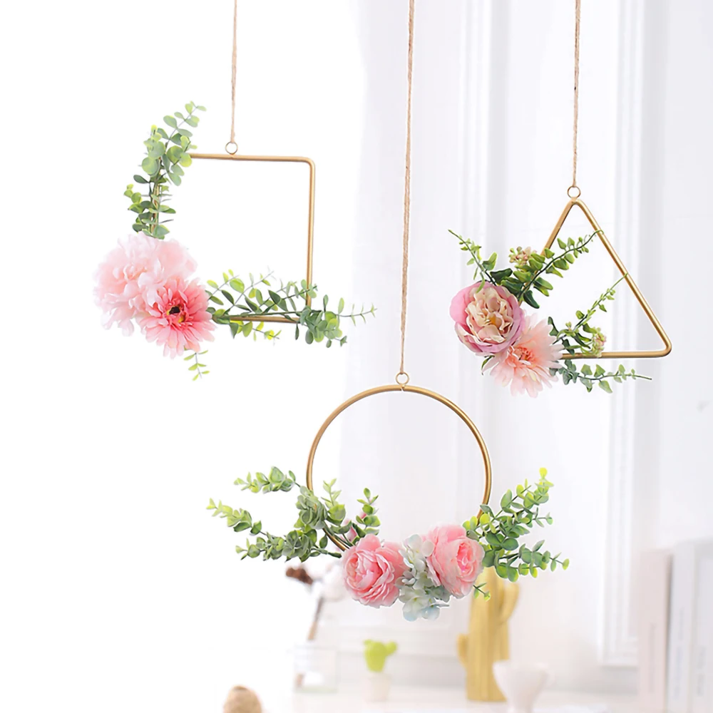 

Artificial Flower Wreath Nordic Rattan Circle Simulation Garland Pendant Metal Ring Wedding Wall Home Door Hanging Decor
