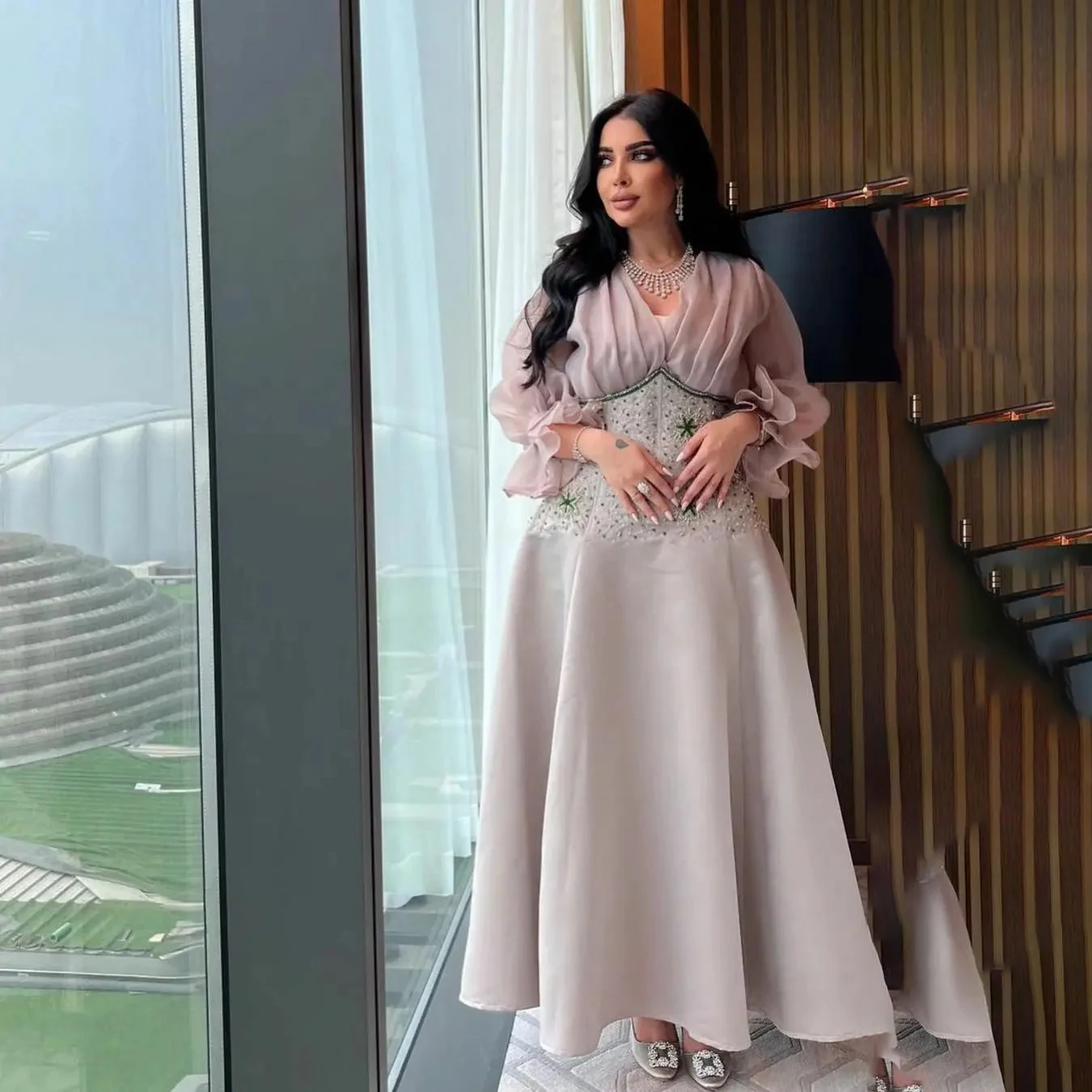 

GIOIO V-Neck Luxury Formal Evening Dresses Beading Puff Long Sleeves فساتين سهرة Ankle Length Elegant Prom Gowns Party Women