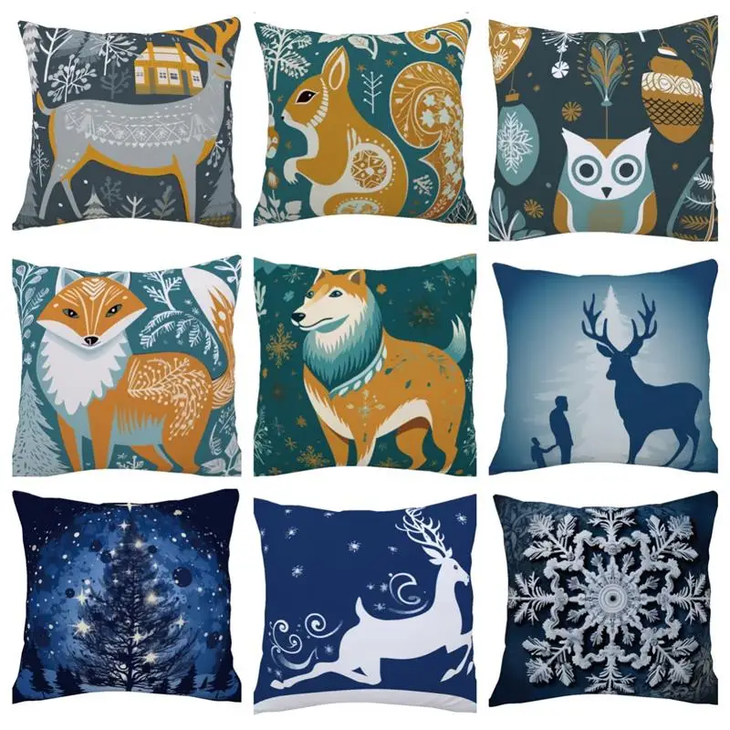 

Winter Animals Christmas Pillow Cases Peach Skin Velvet Cushion Case Elk Cushion Cover Farmhouse Home Party Decor Pillow Cover
