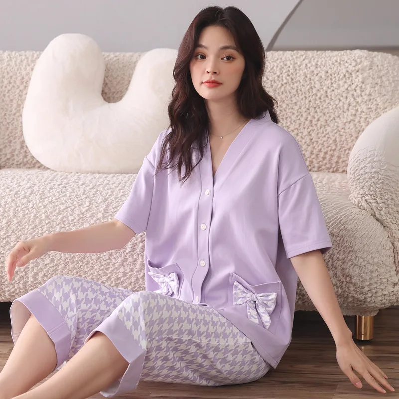 Cotton Pajamas for Women Short Sleeve Top & Shorts Sleepwear Comfortable Spring Summer Nightwear Female Homewear Loungewear