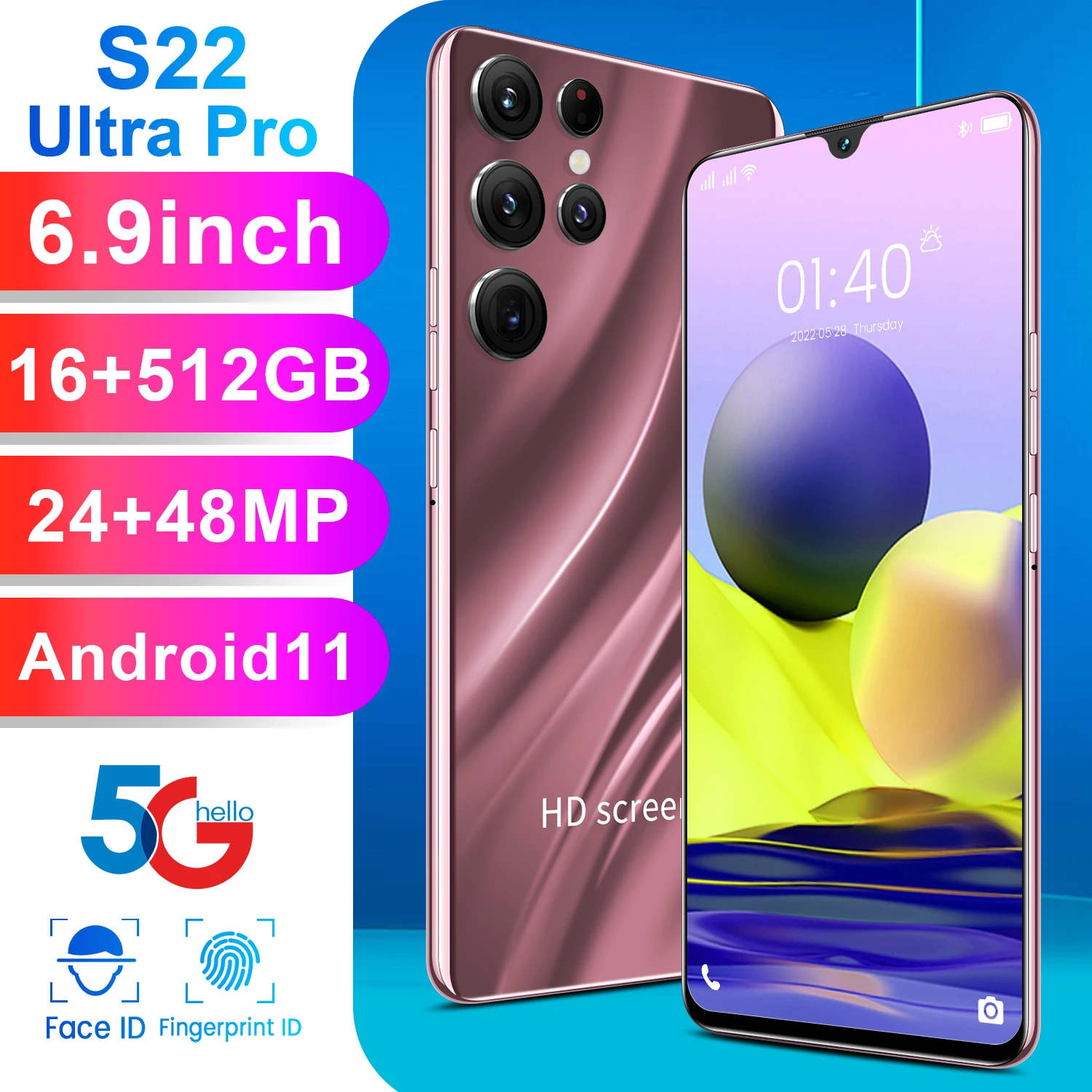 

S22 Ultra Pro 6.9 Inch 16+512GB Android 11.0 Smartphone 24MP+48MP 5200mAh Dual SIM+Micro SD Fingerprint Unlock 10 Core Cellphone