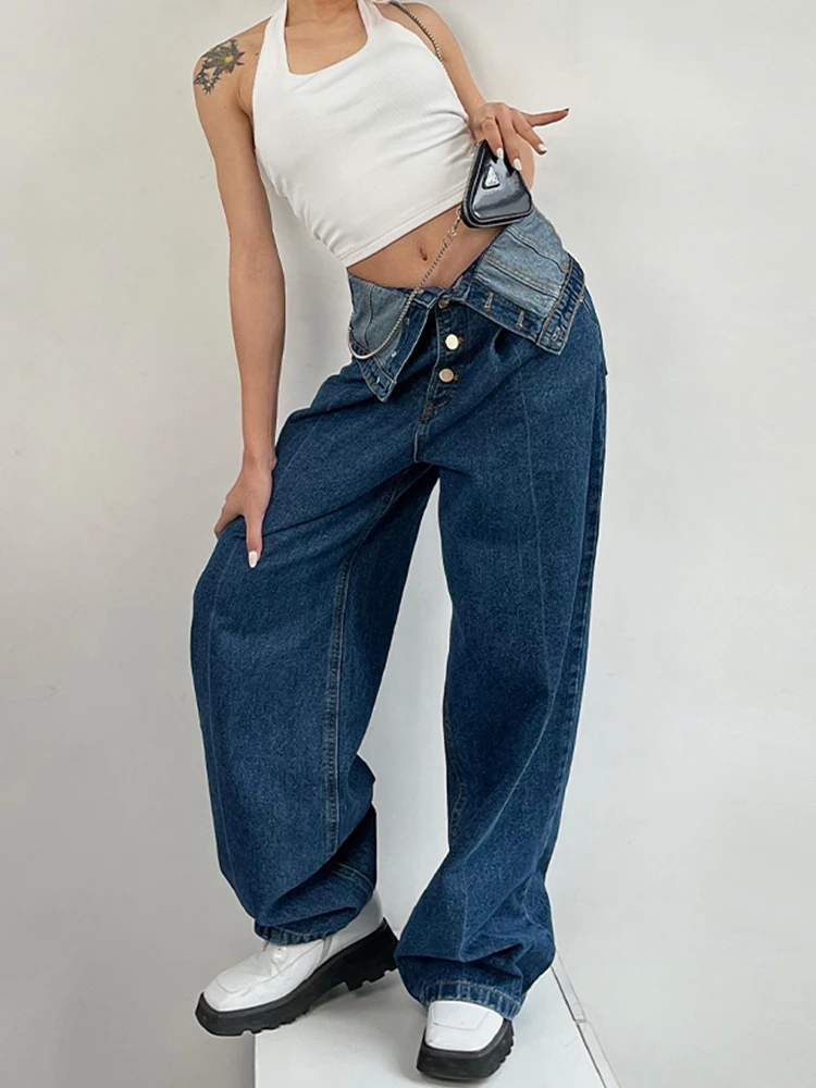 S-4XL Hot Girls Turn-up Blue Wide Leg Jeans Trousers Streetwear Women Clothes New Design High Waist Slim Full Lenght Denim Pants