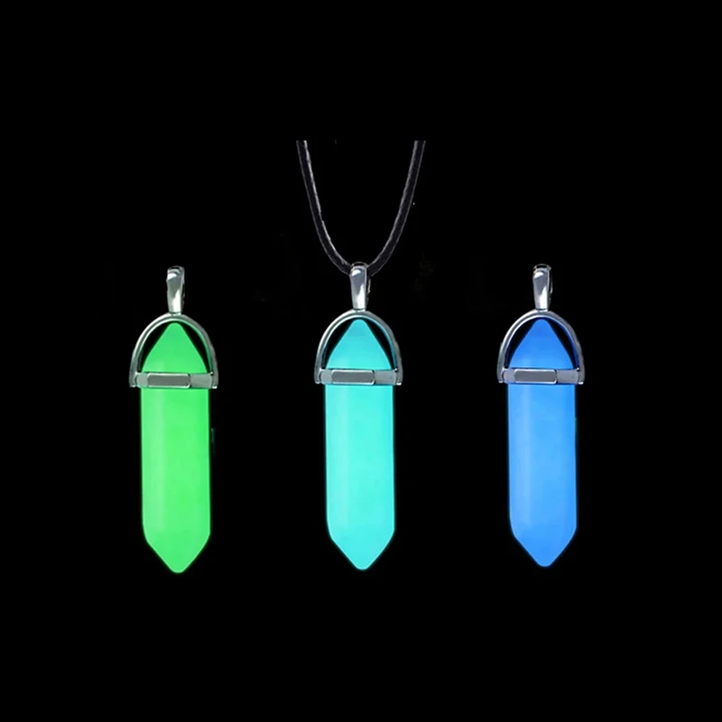 Dark Luminous Stone Fluorescent Hexagonal Column Necklace Natural Crystal Glowing in Bullet Pendant Leather Fashion Jewelry Gift