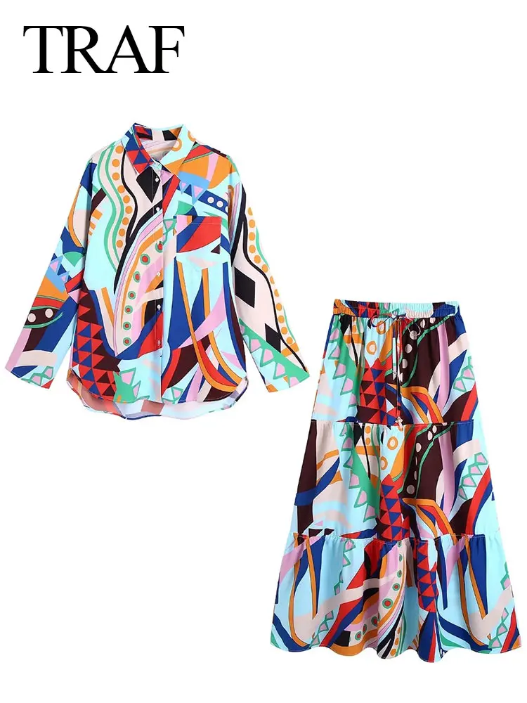 

TRAF 2022 Women's Suit Print Shirts Contrast Color Pockets Single Breasted Long Sleeve Top + Long Elastic Drawstring Swing Skirt