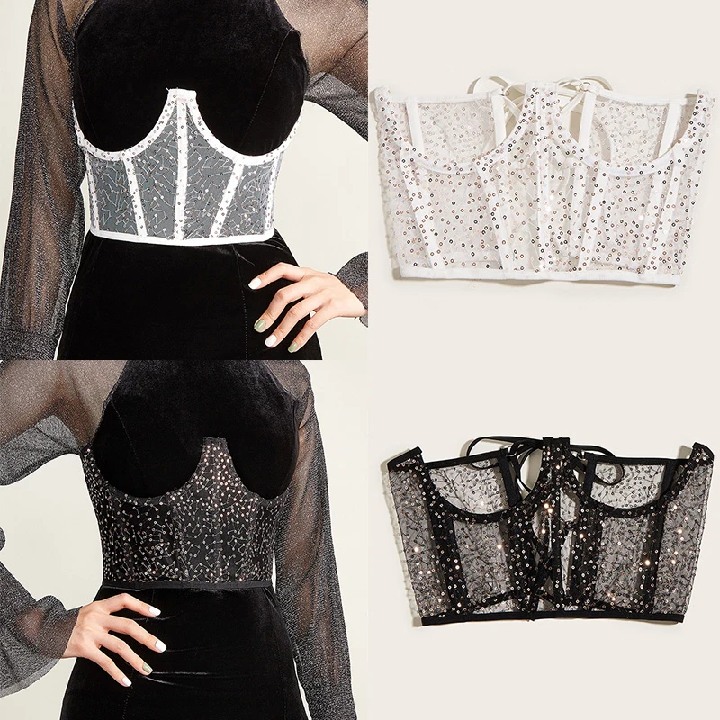 

Mesh Sheer Underbust Women Elegant Corset Curve Shaper Tie Up Boned Bustier Waist Cincher Belt Sequin Shiny See-through Back