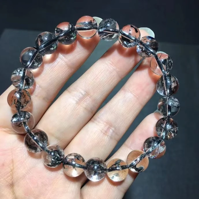 

Natural Black Rutilated Quartz Herkimer Diamond Bracelet 9.2mm Clear Round Beads Crystal Woman Man Jewelry AAAAAAA