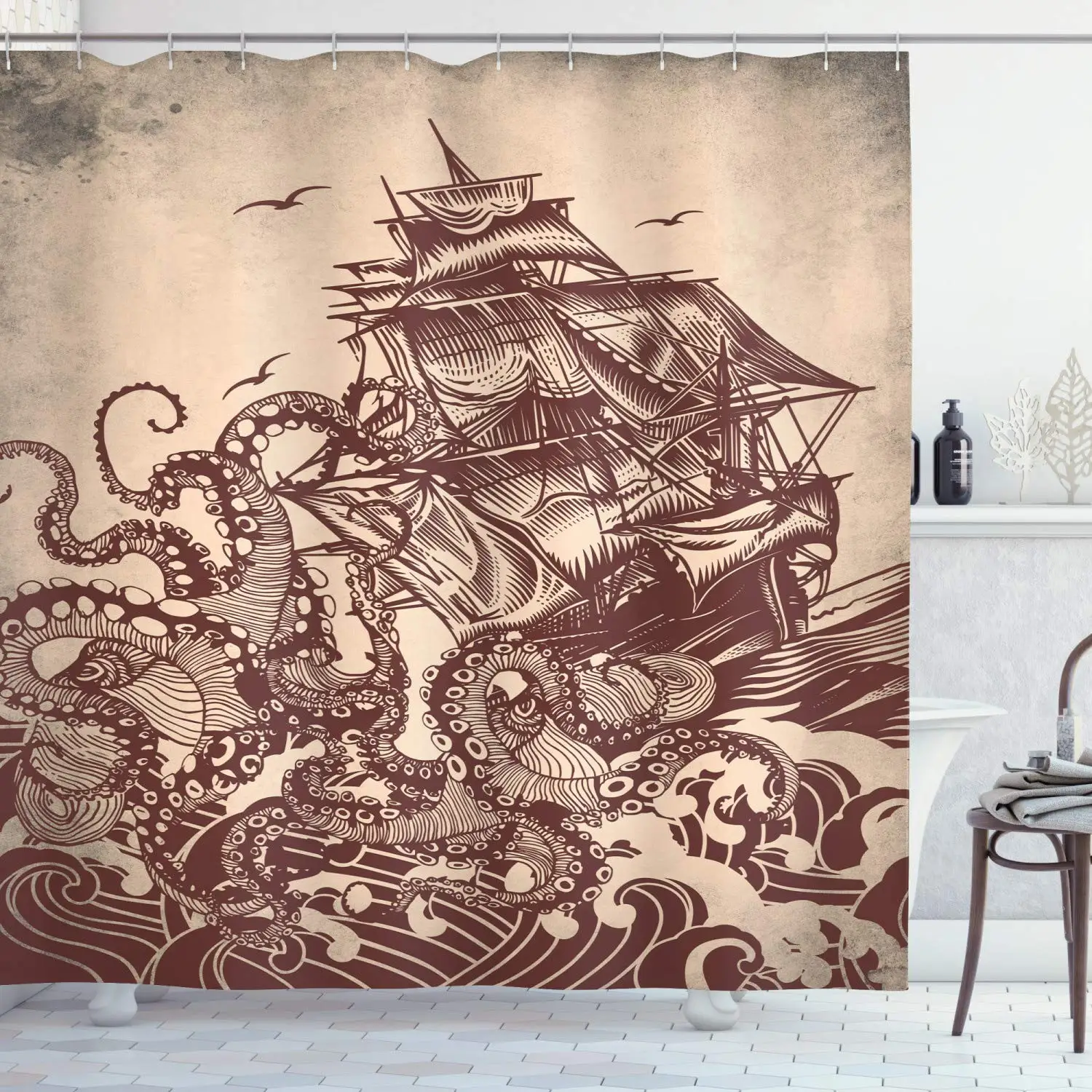

Nautical Octopus Tentacle Shower Curtain One Piece Marine Theme Bathroom Curtain Home Waterproof Shower Curtain Decoration Hooks