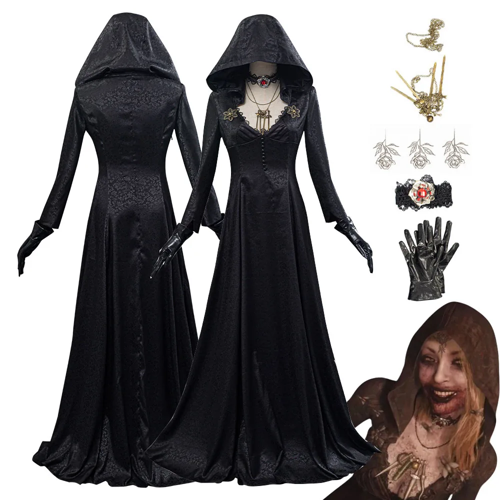 RE4 злой ремейк деревня моль Леди Косплей черное платье вампир Женщины костюм для