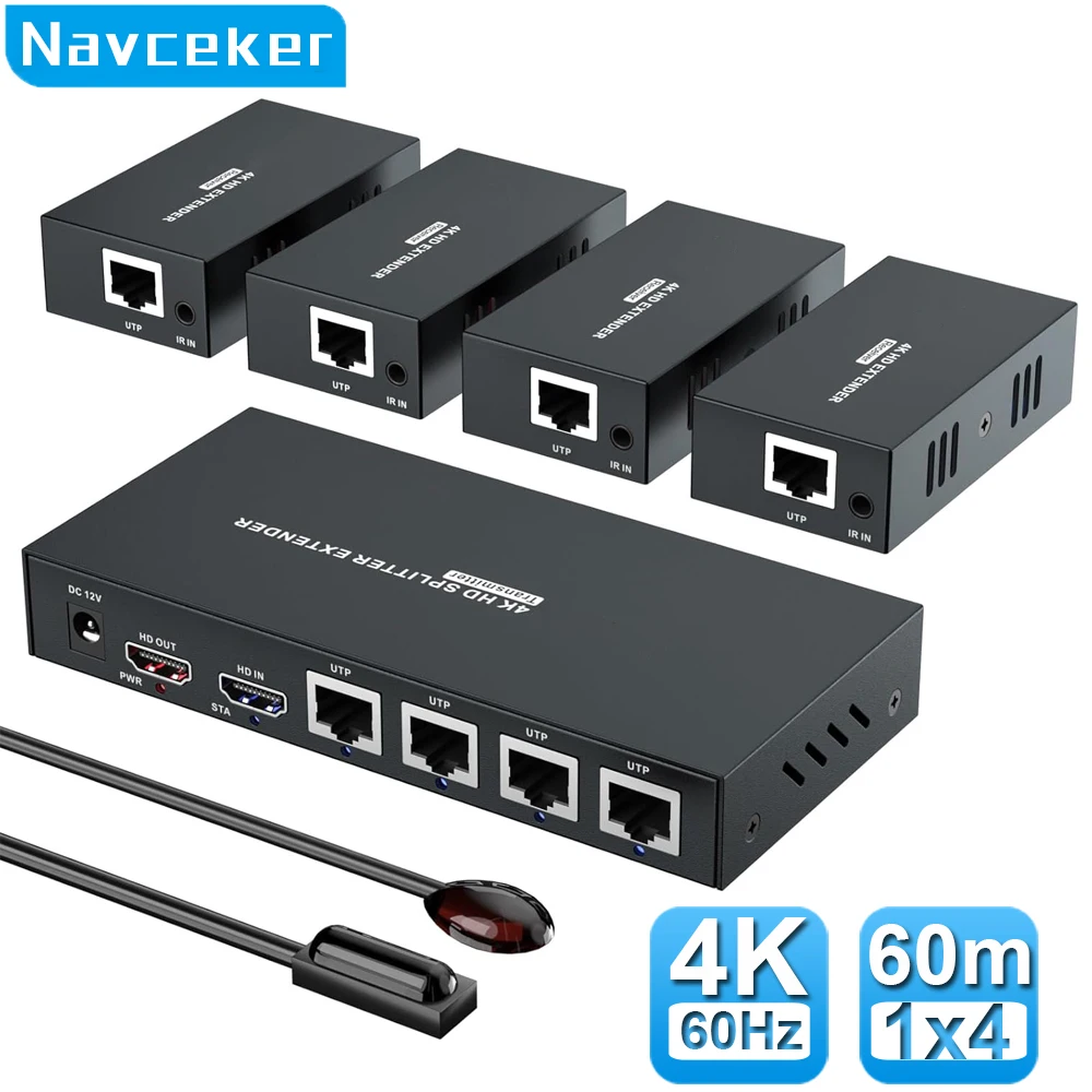 Фото Navceker 4K 60 Гц HDMI Extender Splitter 1x4 3D HDMI RJ45 Extender 60 м Ethernet-передача через CAT5e/6/7 4-канальный 1 контурный выход №1