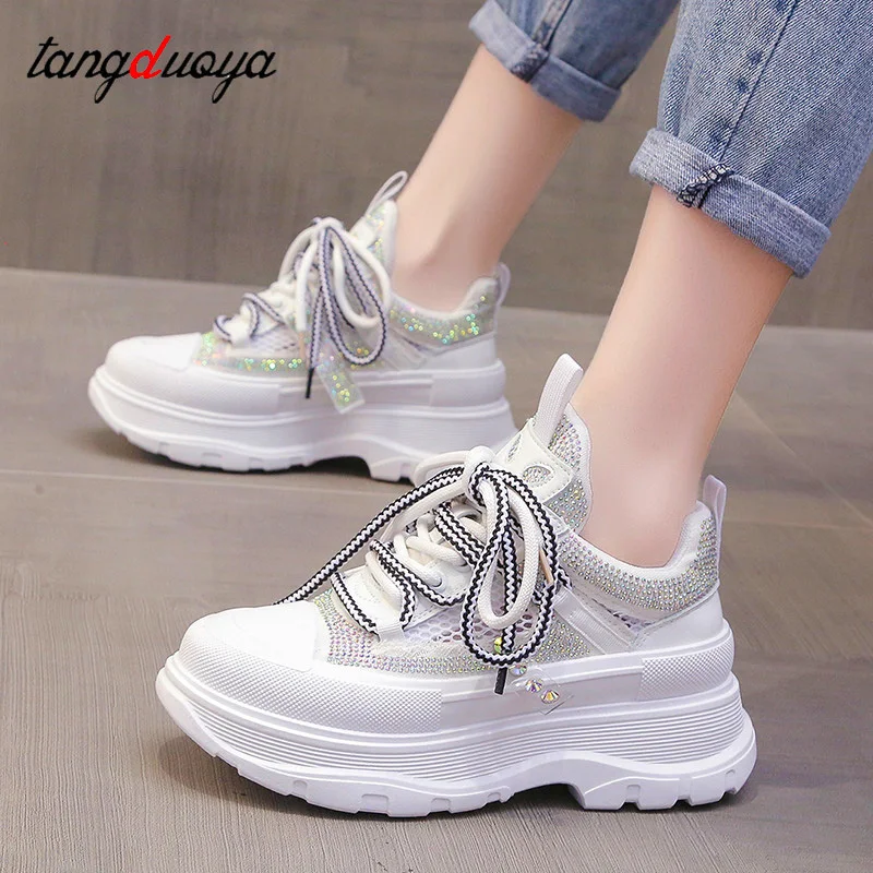 

White sport shoes woman fashion rhinestones sneakers summer breathable casual women shoes jogging platform sneakers women