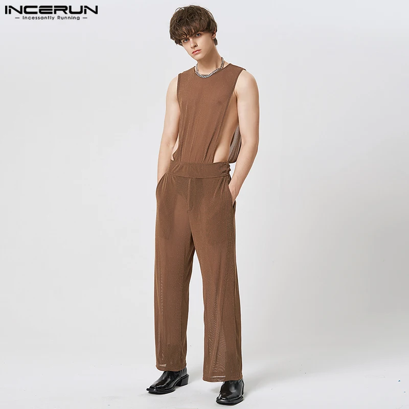 

Fashion Casual Style Rompers INCERUN Mens Flash Line See-through Jumpsuits Sexy Nightclub Hot Selling Sleeveless Bodysuits S-5XL