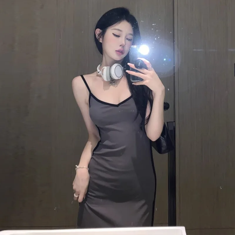 

Women's Dress Off Shoulder Sleeveless Ankle-Length Dresses Spaghetti Strap Solid Color V-Neck Slim Vestidos Bodycon Dropship