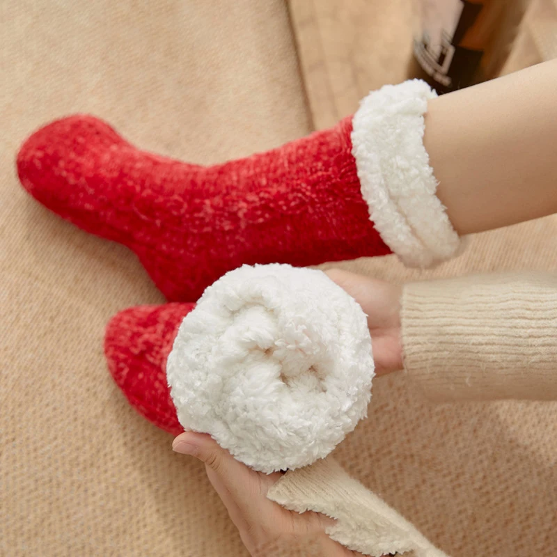Fashion Adult Snow Sherpa Socks Women's Sleep Home Socks Leg Cover Carpet Floor Socks Solid Color Christmas Slippers Socks