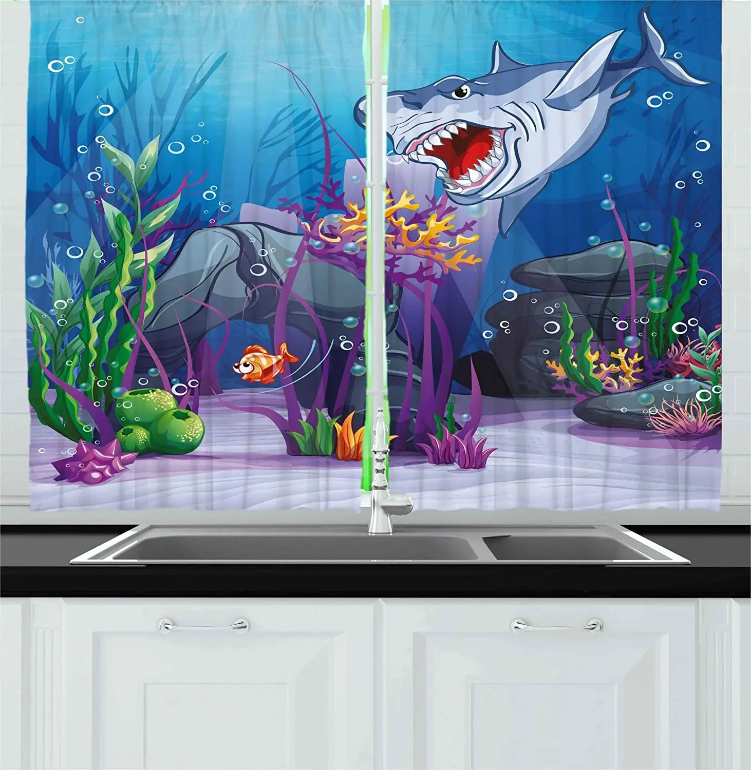 

Blackout Curtains Cartoon Style Underwater World Plants and Evil Sharks Chasing Small Fish Kitchen Cafe Curtains