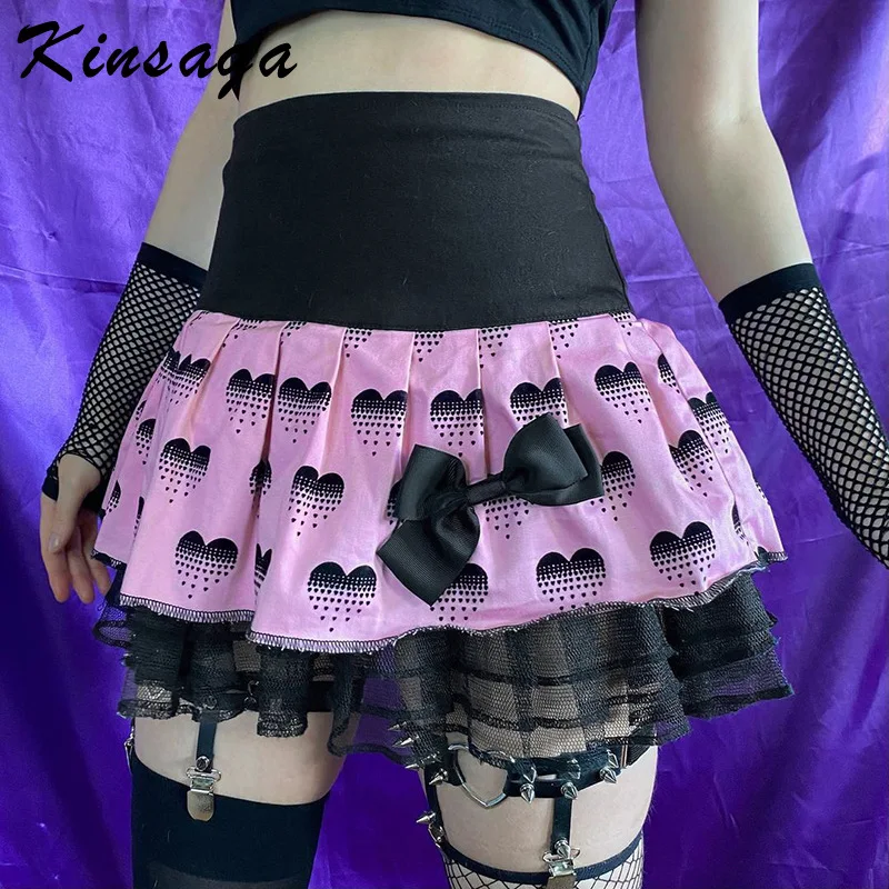 

Y2K Mall Goth Heart Print Mesh Patchwork Women Mini Pleated Skirts Preppy Style Bows Tutu Skirts Gothic Egirl A-line Dance Skirt