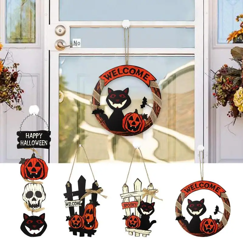 

Halloween Welcome Hanging Sign Spooky Pumpkin Cat Black Ghost Front Door Hanger Welcome Sign DIY Halloween Party Decoration 2023
