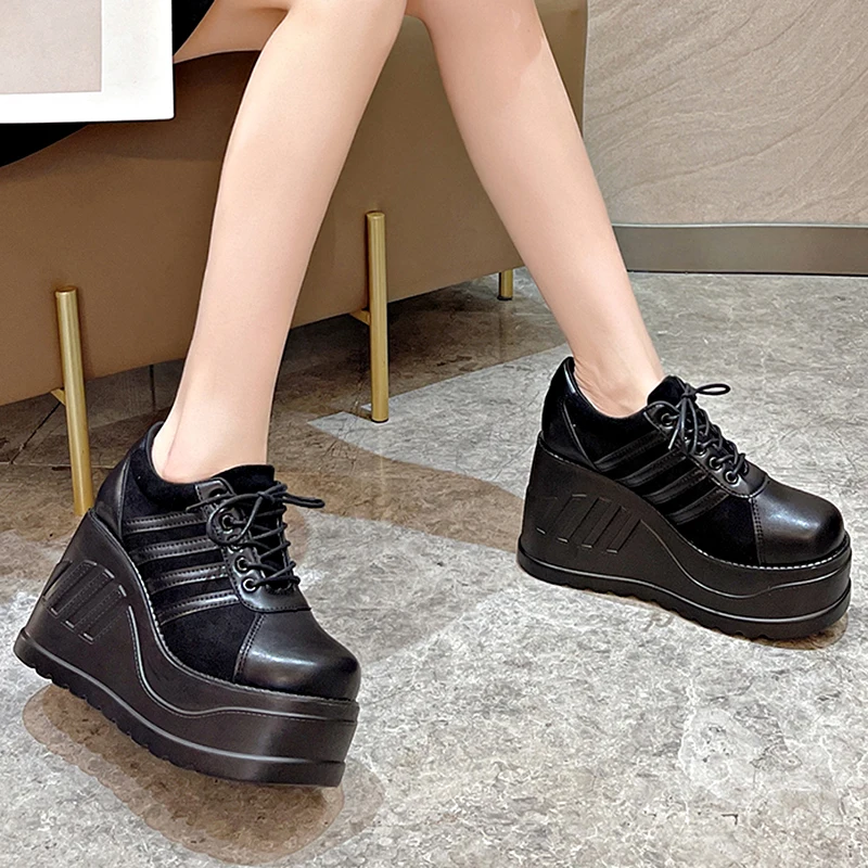 

Wedges Platform Shoes Women Lace Up Black High Heels 2022 New Large Size Designer Female Shoes Heighten Casual Vulcanized Shoes