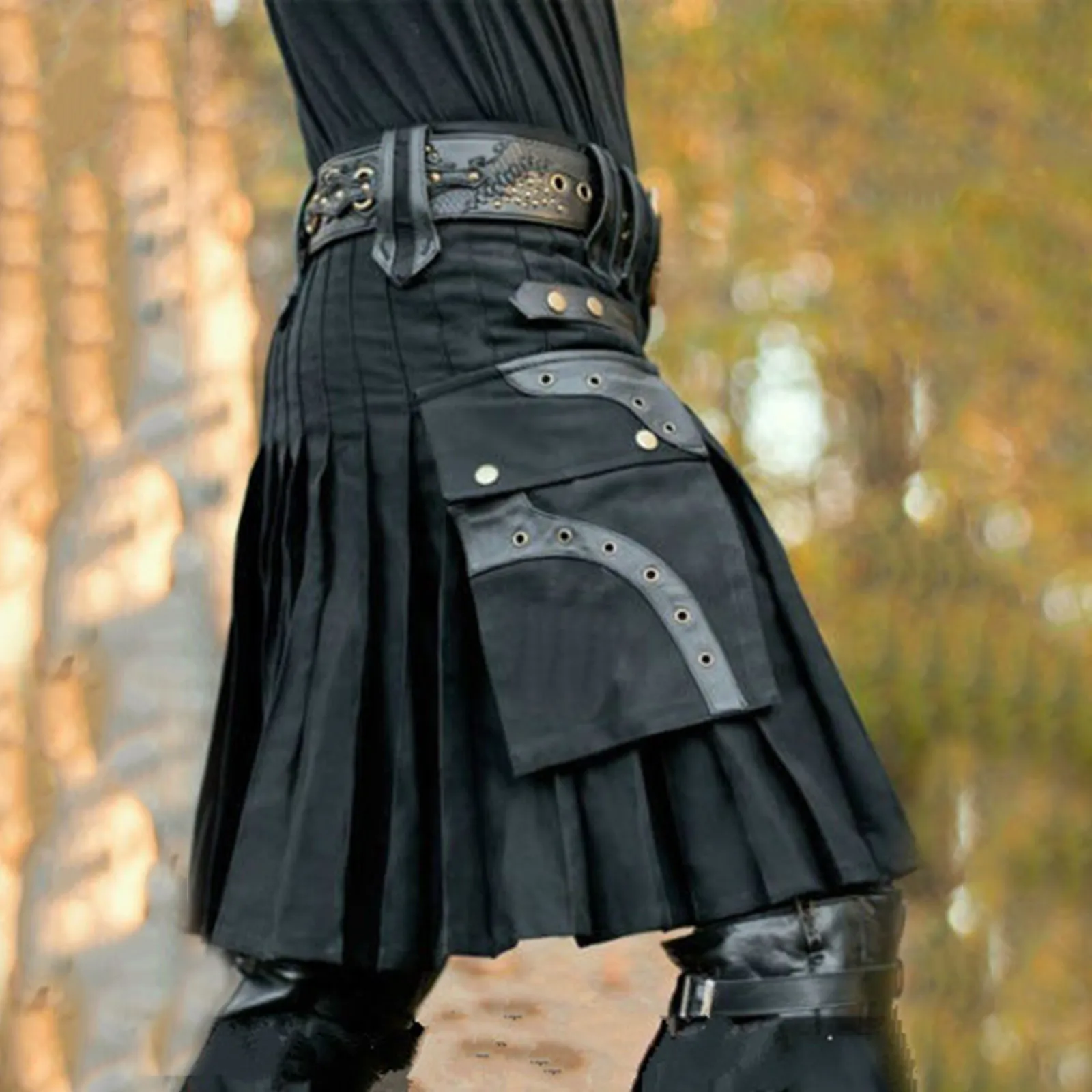 Men Kilts Fashion Casual Retro Scottish Traditional Classic Style Skirt Personality Pocket Pleated Costume Metal Buckle Skirt