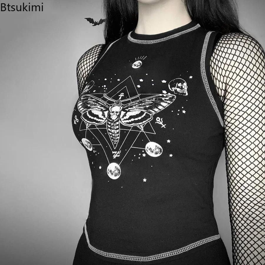 

New Gothic Print Sleeveless Corest Top Women Graphics Pattern Party Club Bodycon Tank Balck O Neck Tank Top Streetwear Women Top