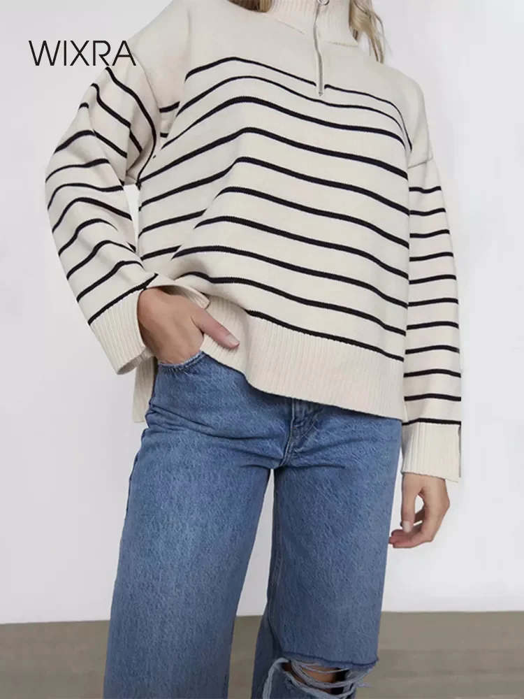 

Wixra Women Sweater Striped Casual Zipper Mock Neck Split Knitted Ladies Pullover Loose Top Autumn High Streetwear