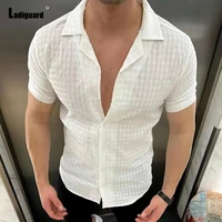 lepal collar model plaid blouse short sleeve fashion striped tops 2022 single breasted shirts sexy mens clothing plus size s 3xl