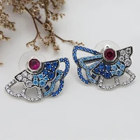 authentic 925 sterling silver sparkling blue pink fan with crystal stud earrings for women wedding gift pandora jewelry